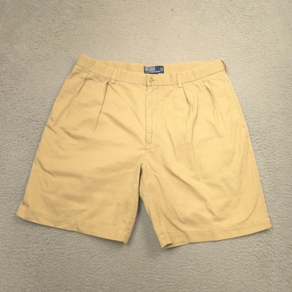 Polo by Ralph Lauren Tyler Shorts Mens 38 Khaki Pleated Chino 100% Cotton
